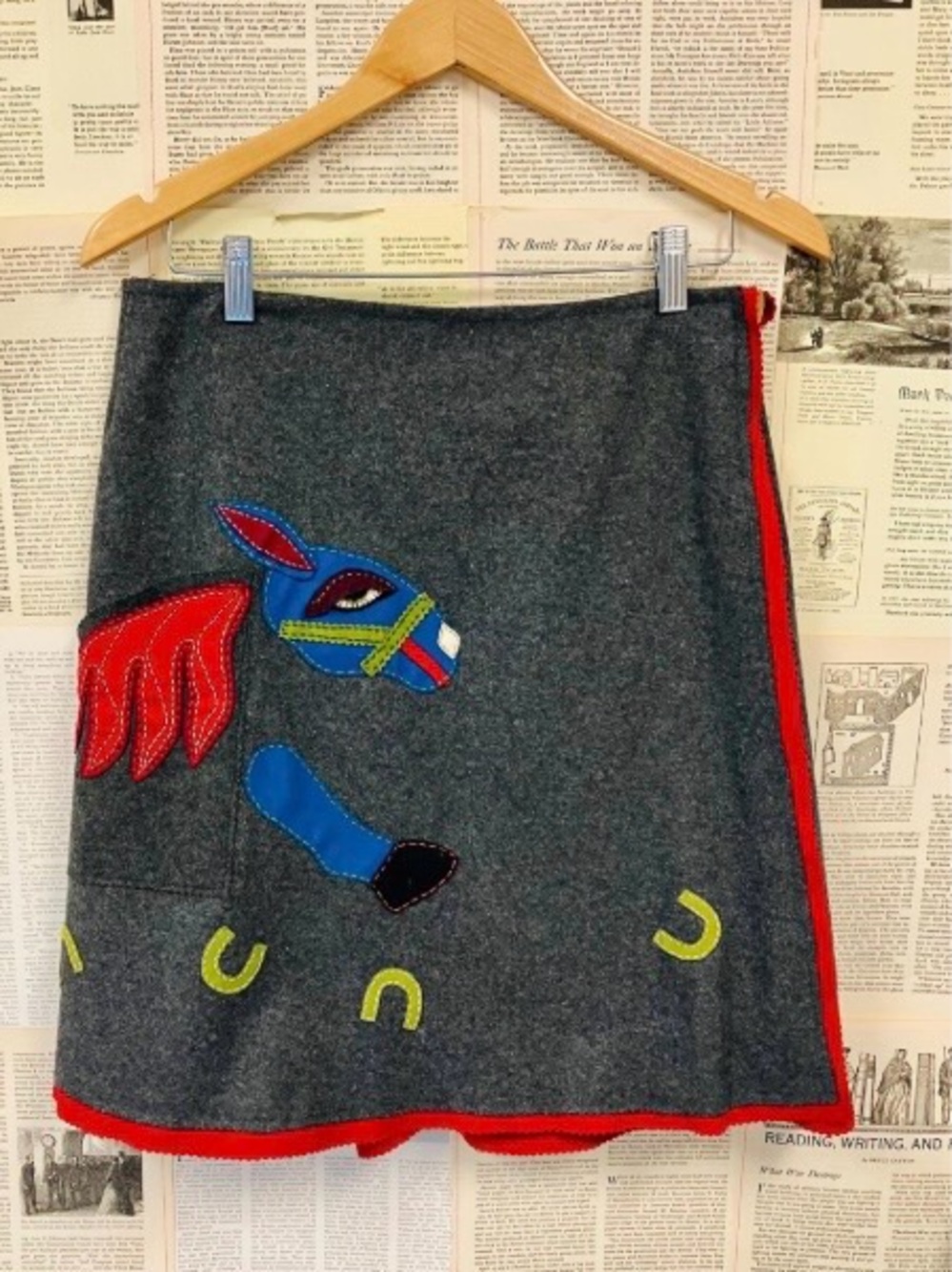 Equestrian Themed Wraparound Skirt in Wool with Lucky Horseshoes and Red Trim